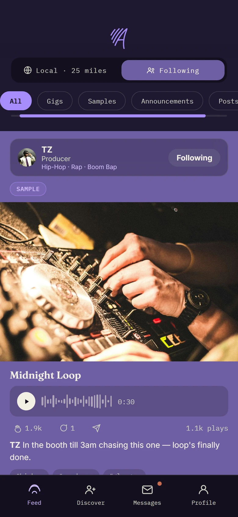 Amplify preview: the Following feed, showing a sample post from TZ