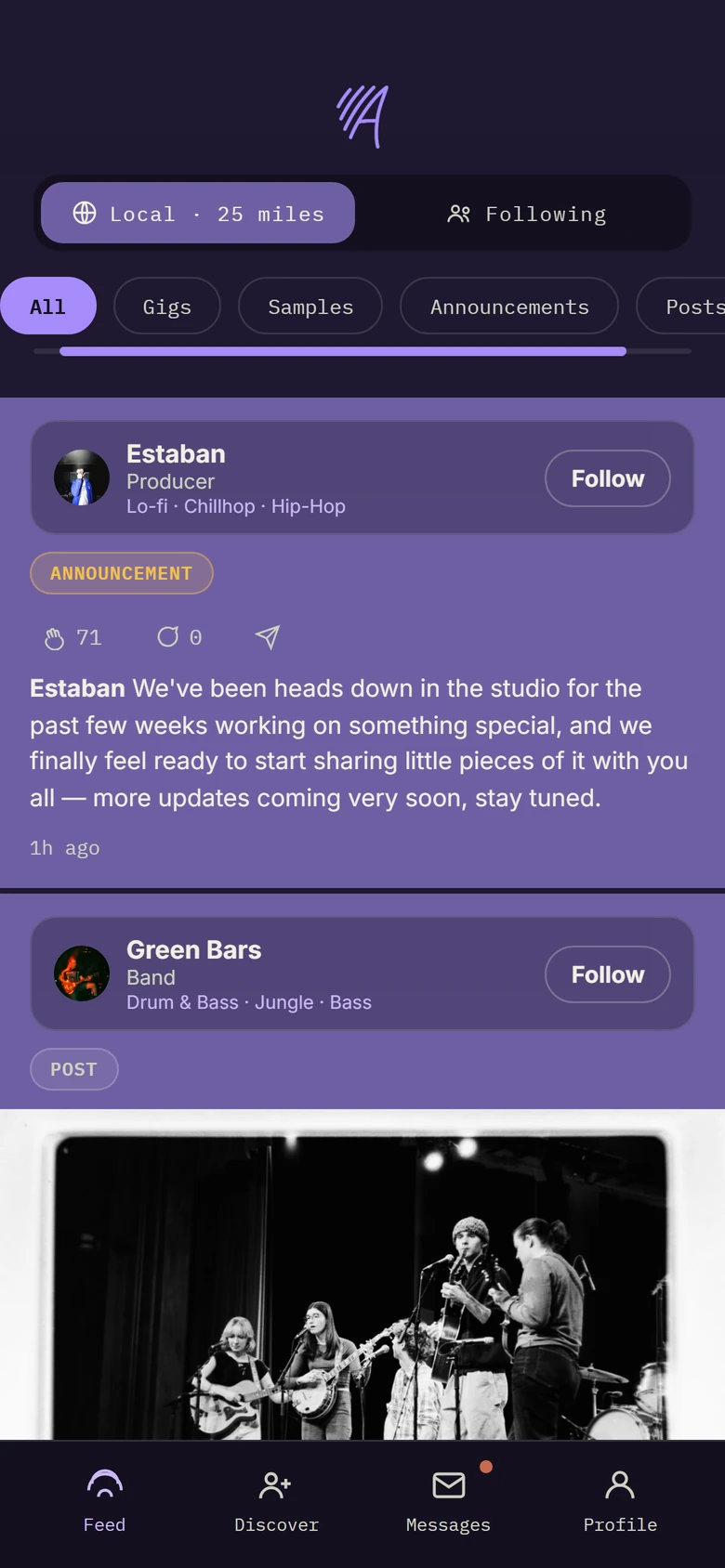 Amplify preview: the Local feed within 25 miles, with posts from Estaban and Green Bars
