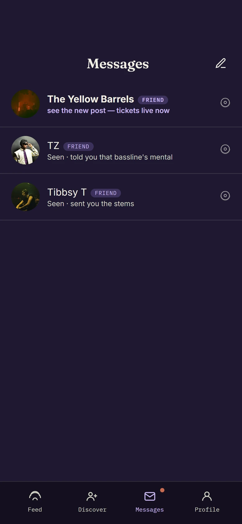 Amplify preview: Messages, with chats from The Yellow Barrels, TZ and Tibbsy T